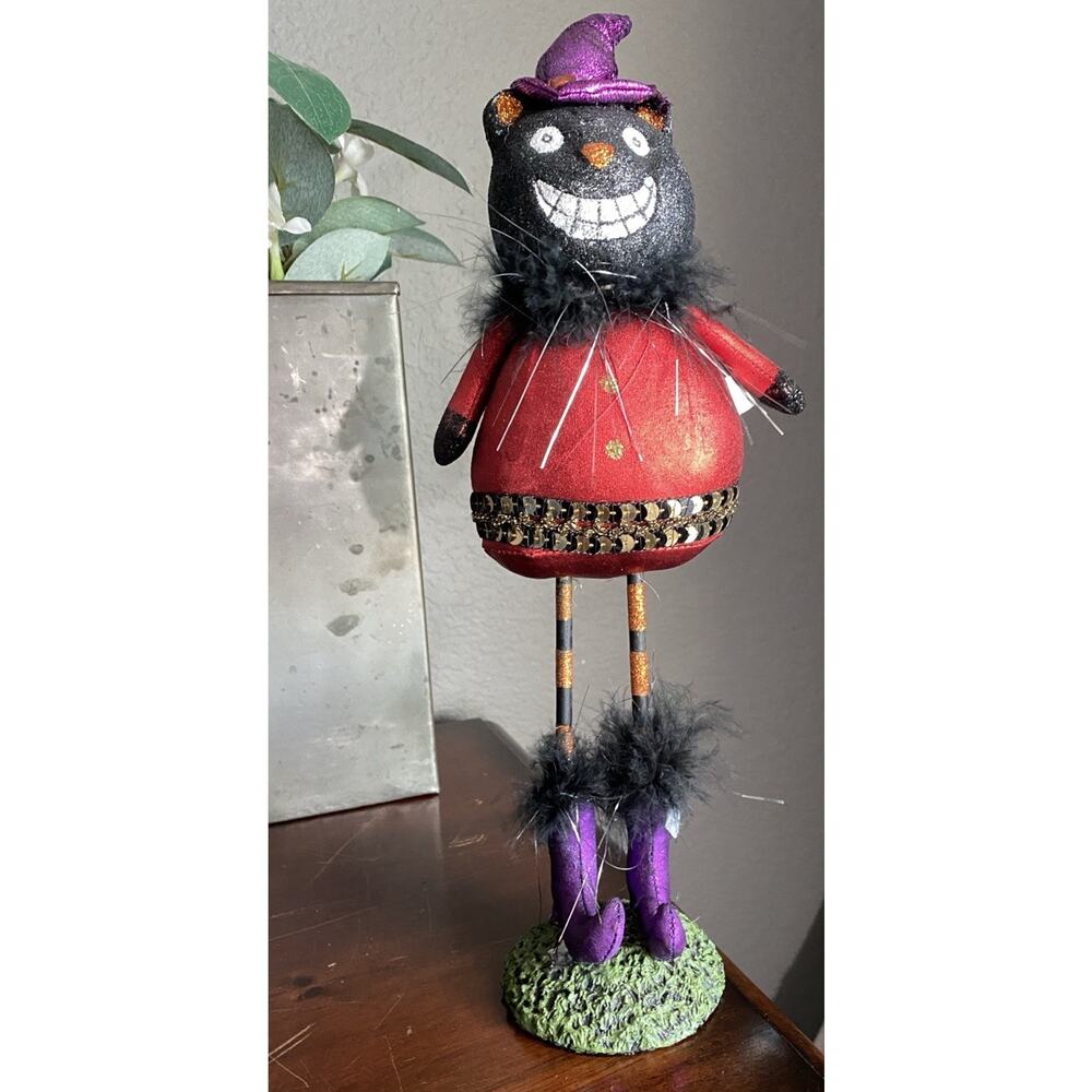 Halloween Black Cat Figurine Folk Art Style Witch Hat Whimsical Glitter 12"